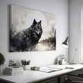 Framed canvas print of a black and white wolf against a monochrome cityscape with a full moon