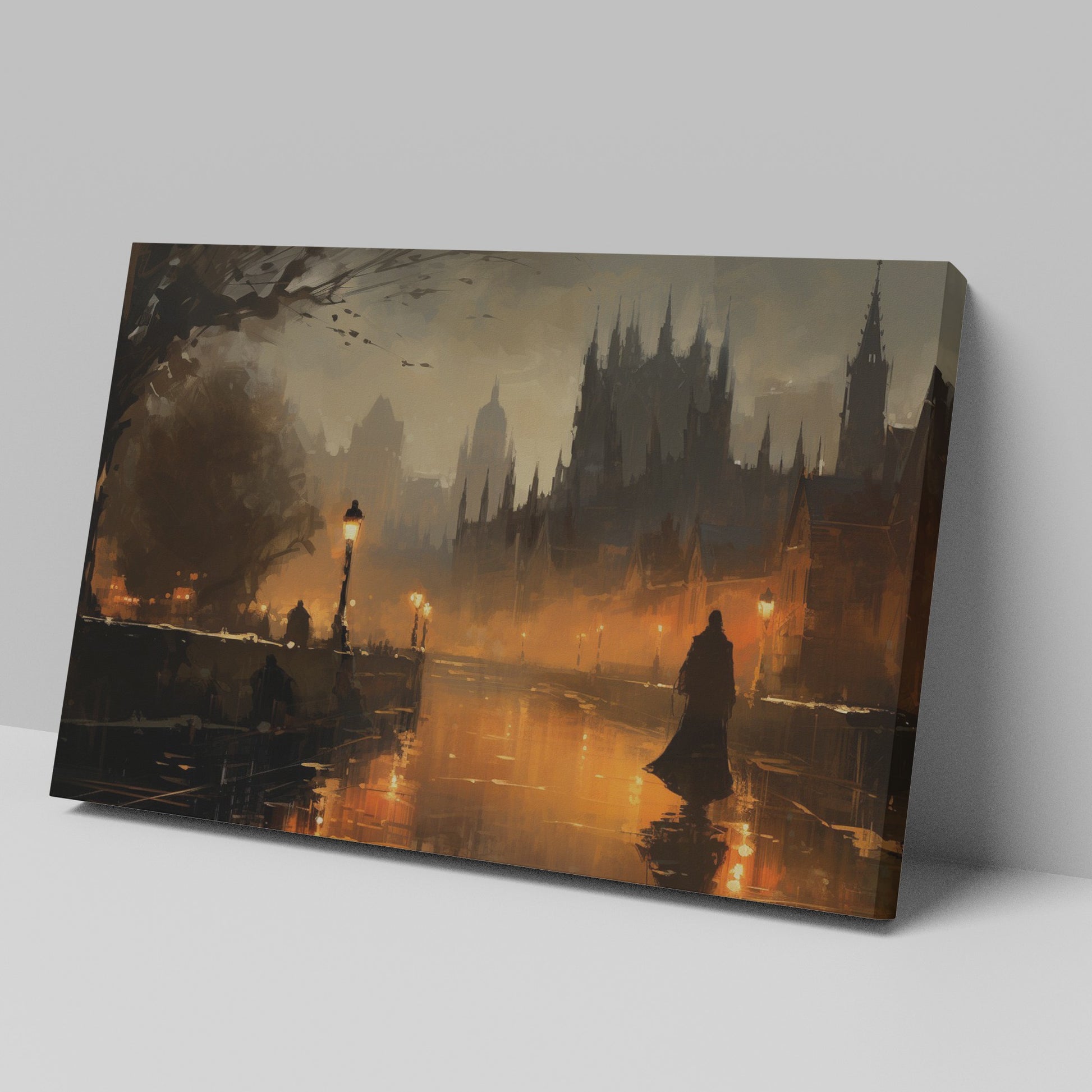 Framed canvas print of a gothic cityscape at twilight with warm glows and a shadowy figure