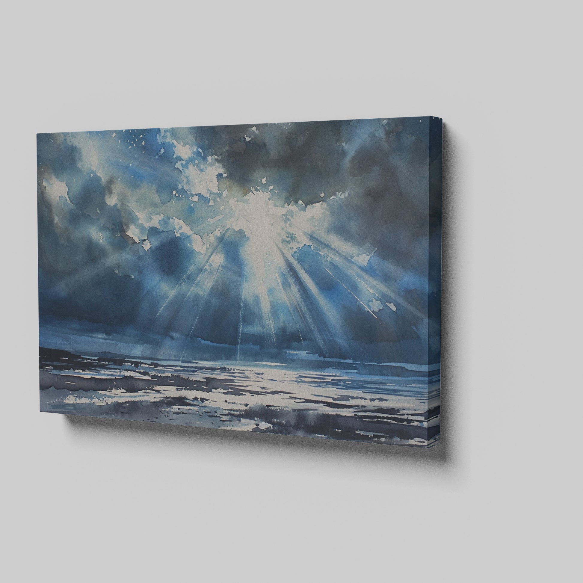 Watercolor canvas print of sunbeams shining through clouds onto the ocean