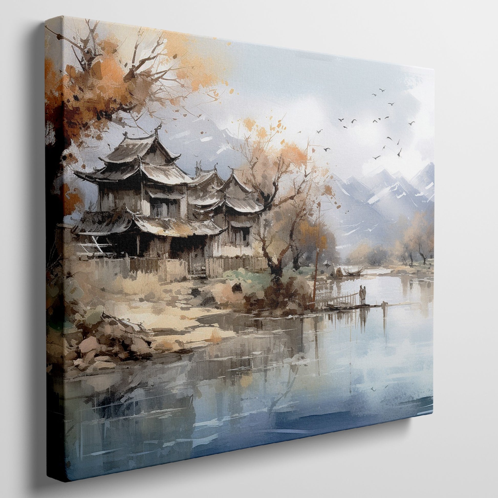 Canvas art of a tranquil oriental landscape with autumnal trees, traditional architecture, calm water, and mountains in the background.