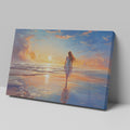 Framed canvas print of a woman walking on the beach at sunset with vibrant skies reflected in the water