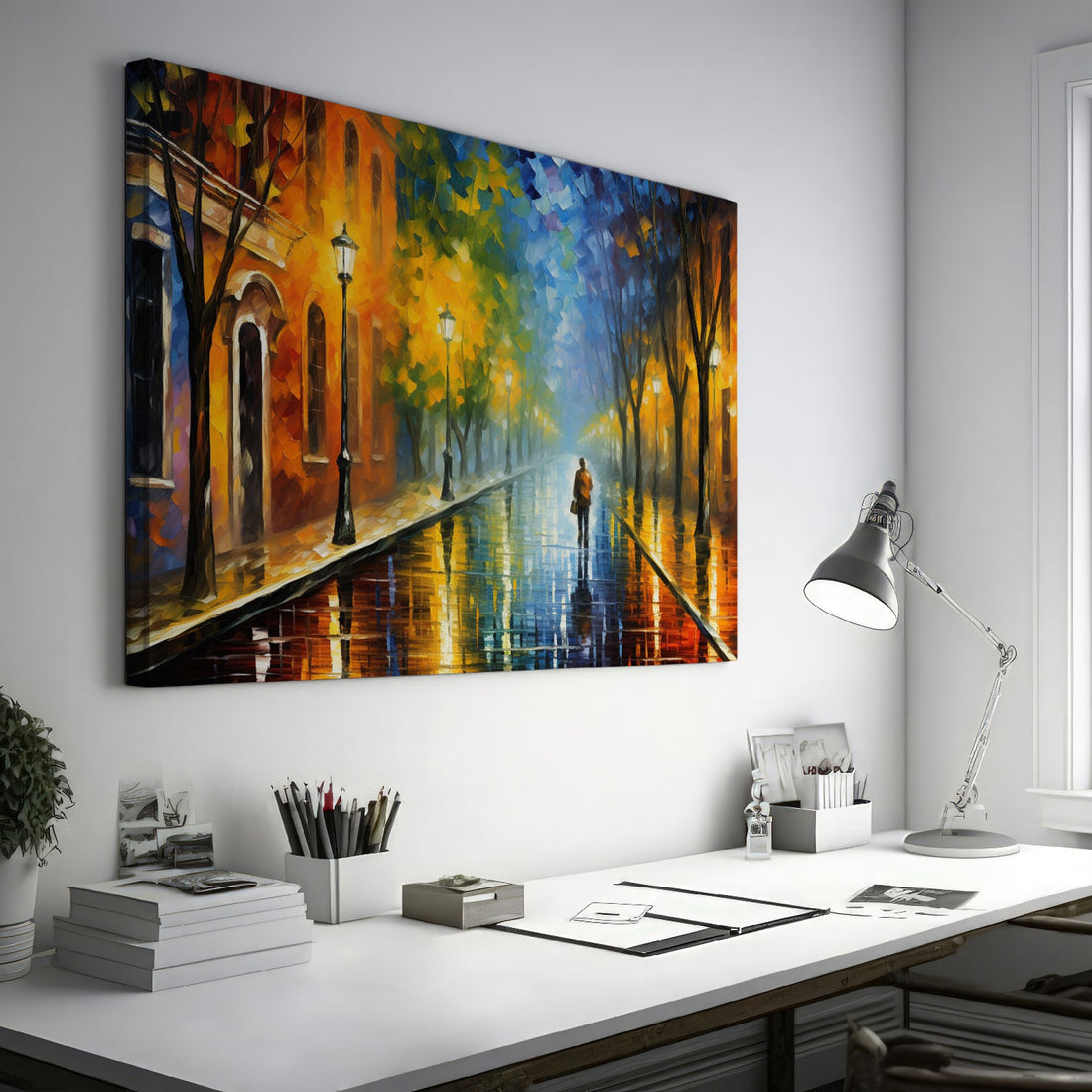 Framed canvas print of a rainy city street scene with vibrant colours and reflections