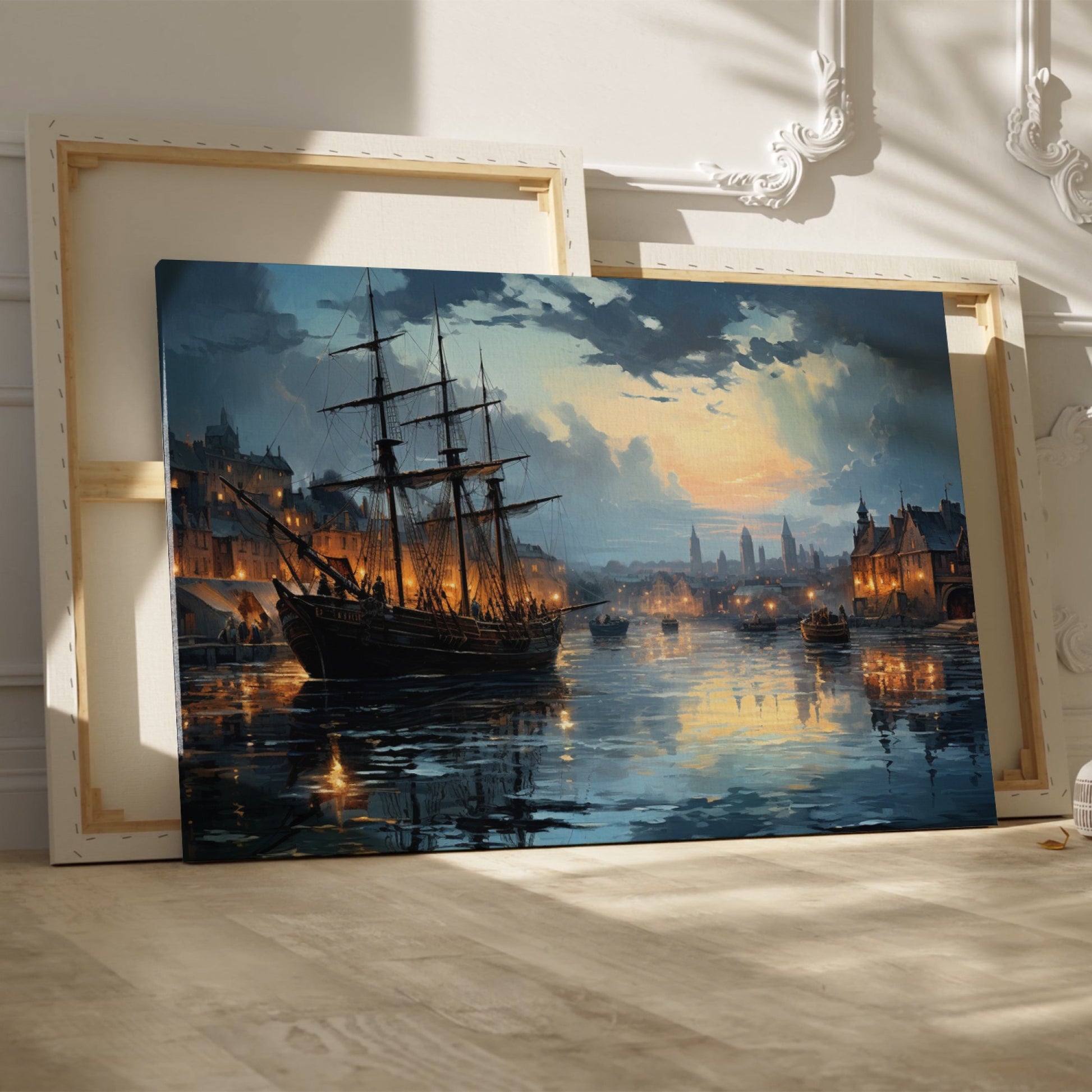 Framed canvas print of historical harbour at sunset with ships and city lights