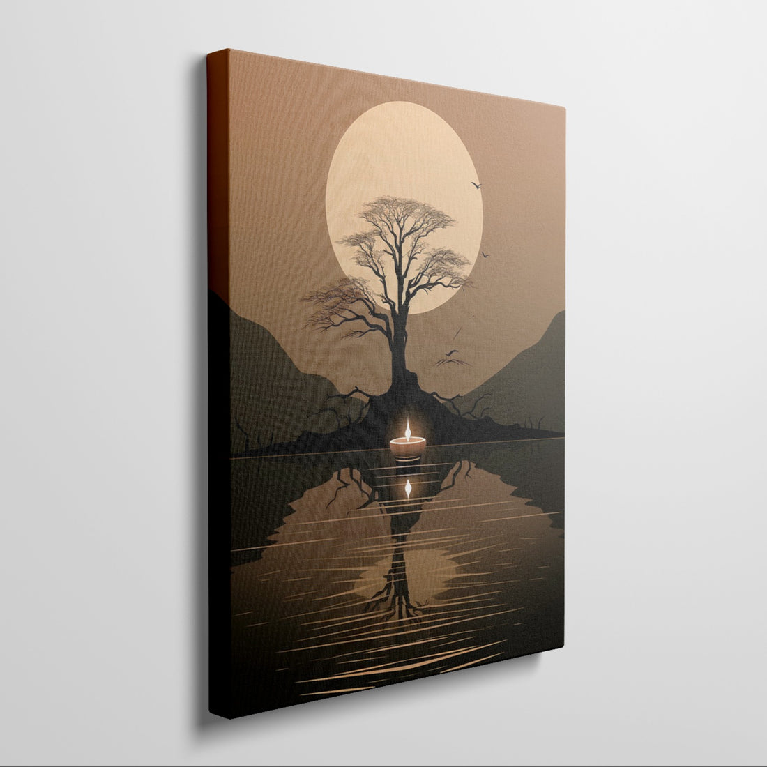 Framed canvas print of African sunset with large sun, tree silhouette, and candle reflection