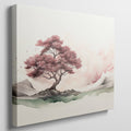 Framed canvas print of a serene ink wash painting featuring a cherry blossom tree and misty landscape