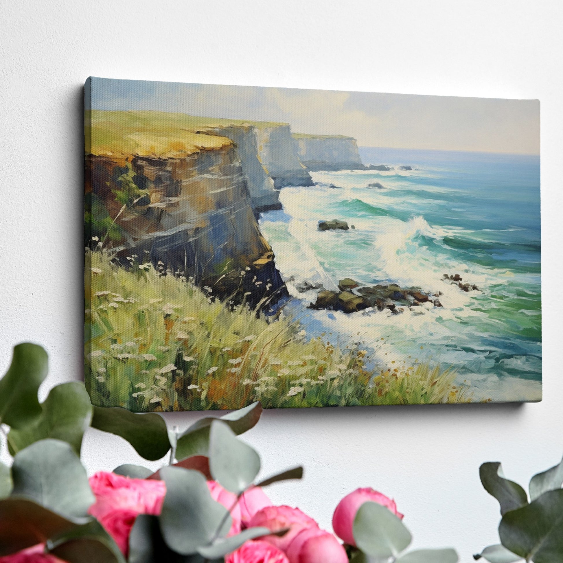 Framed canvas print of an impressionist seascape with cliffs and ocean