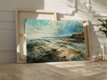 Framed canvas print of a serene watercolour coastal landscape with soft blues and natural earthy tones