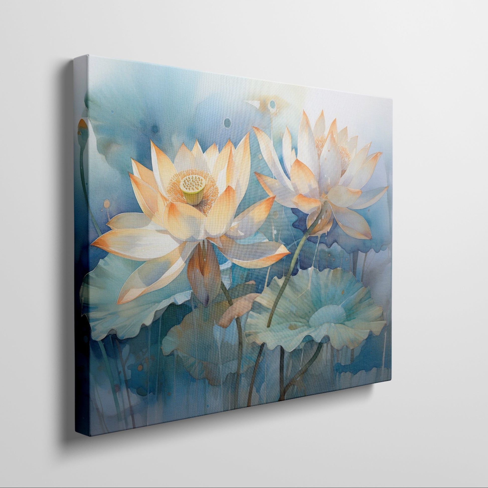 Framed canvas print of tranquil watercolor lotus flowers with pastel hues on a serene blue background