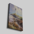 Framed canvas print of a tranquil coastal scene with a lighthouse on a sunny day