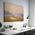 Framed canvas print of a misty countryside meadow with a sunrise and soft pastel colours