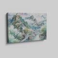 Framed canvas print of a tranquil Chinese landscape with misty mountains and historical architecture