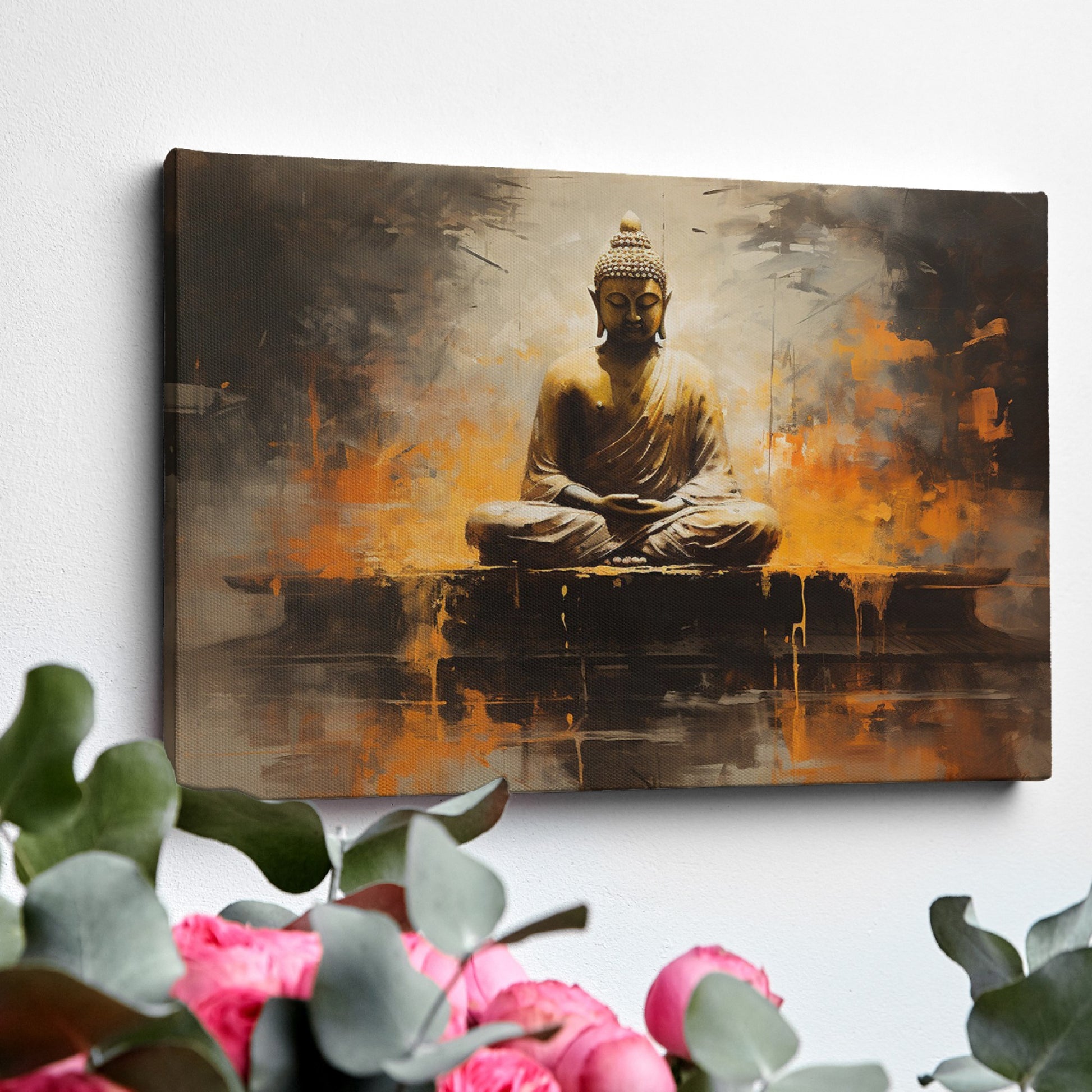 Framed canvas print of a serene Buddha in abstract style with warm orange and brown tones