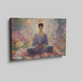 Framed canvas print of a meditative figure in a floral garden with soft pastel tones