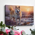 Framed canvas print of a dog in impressionist style with a winter sunset in the background