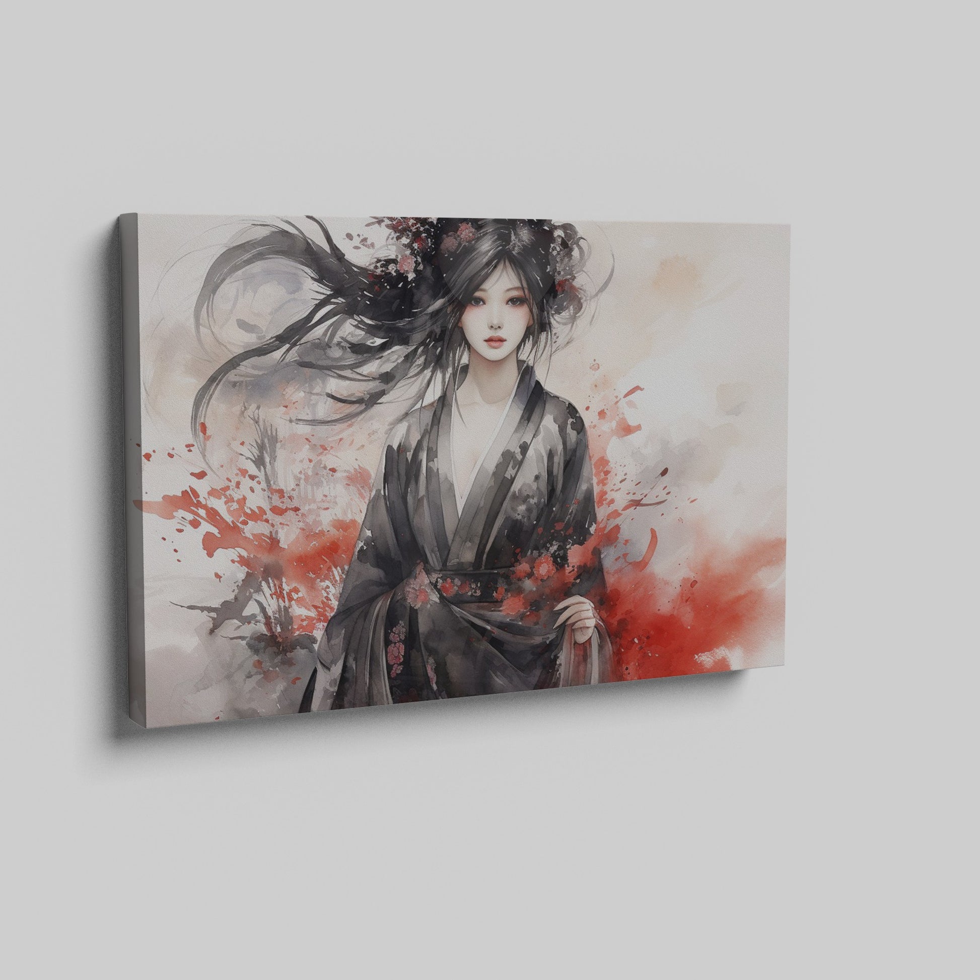 Framed canvas print of an ethereal geisha in ink and watercolour with red splashes