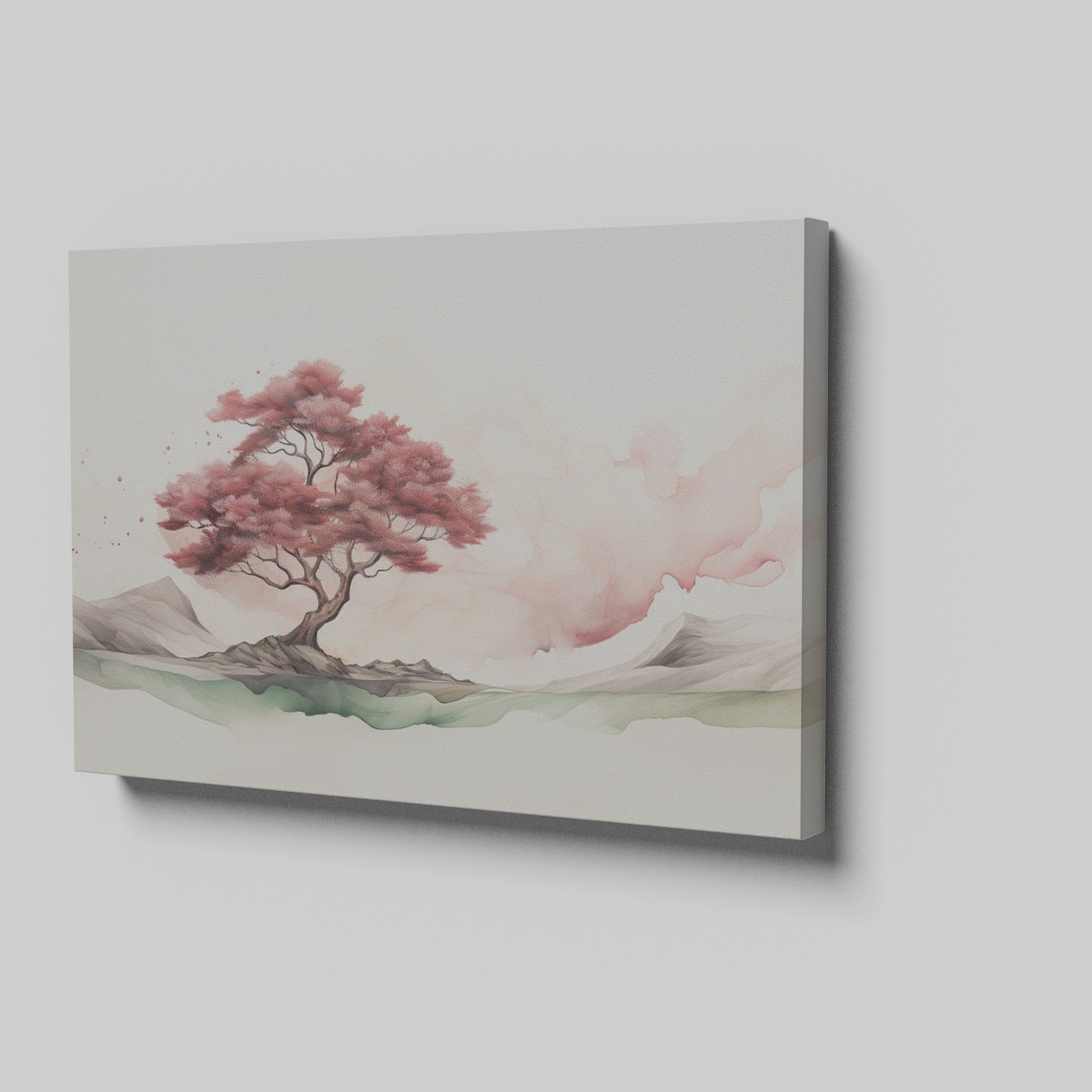 Framed canvas print of a serene ink wash painting featuring a cherry blossom tree and misty landscape