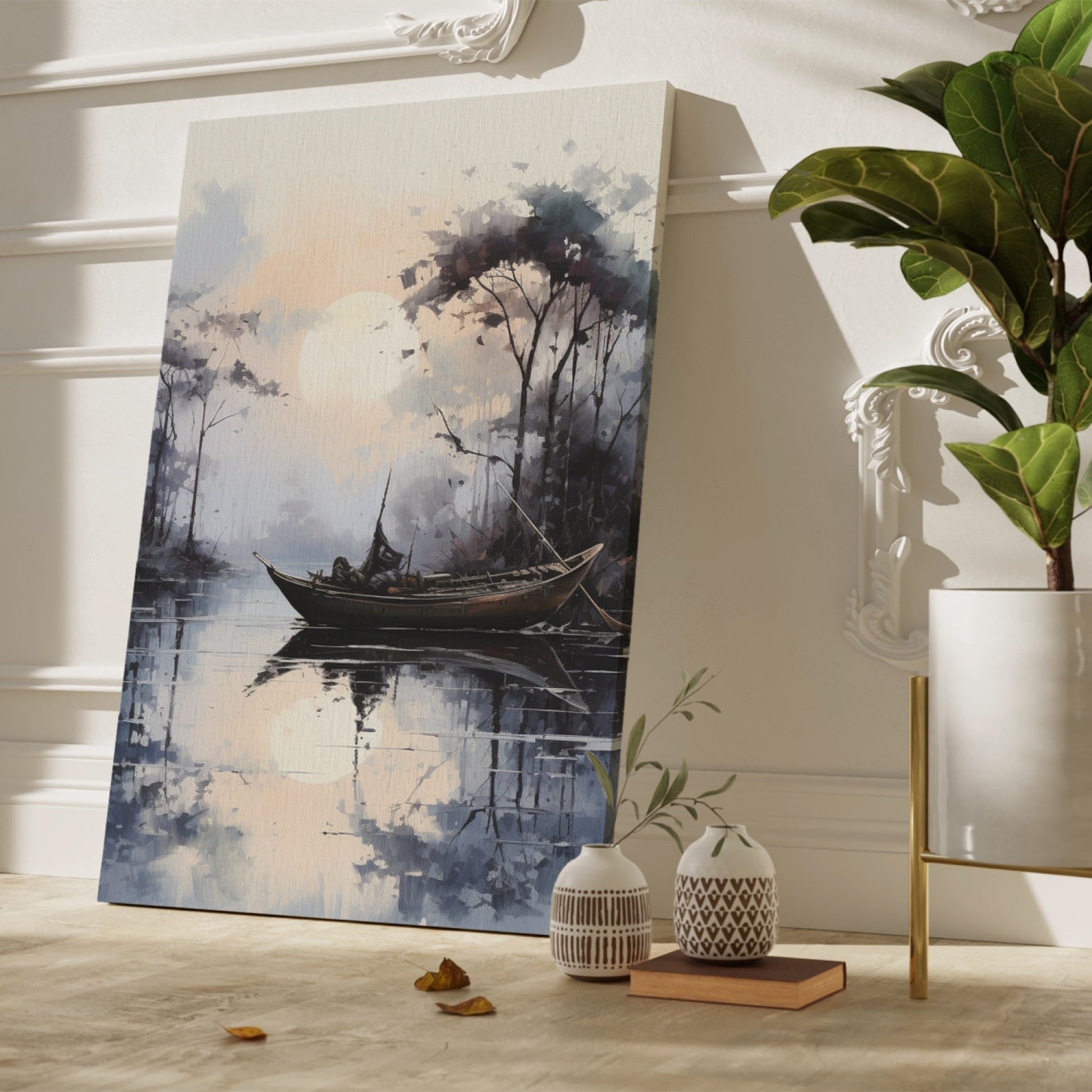 Framed canvas print of a watercolor landscape featuring a sunset, a boat, and reflections on a tranquil lake