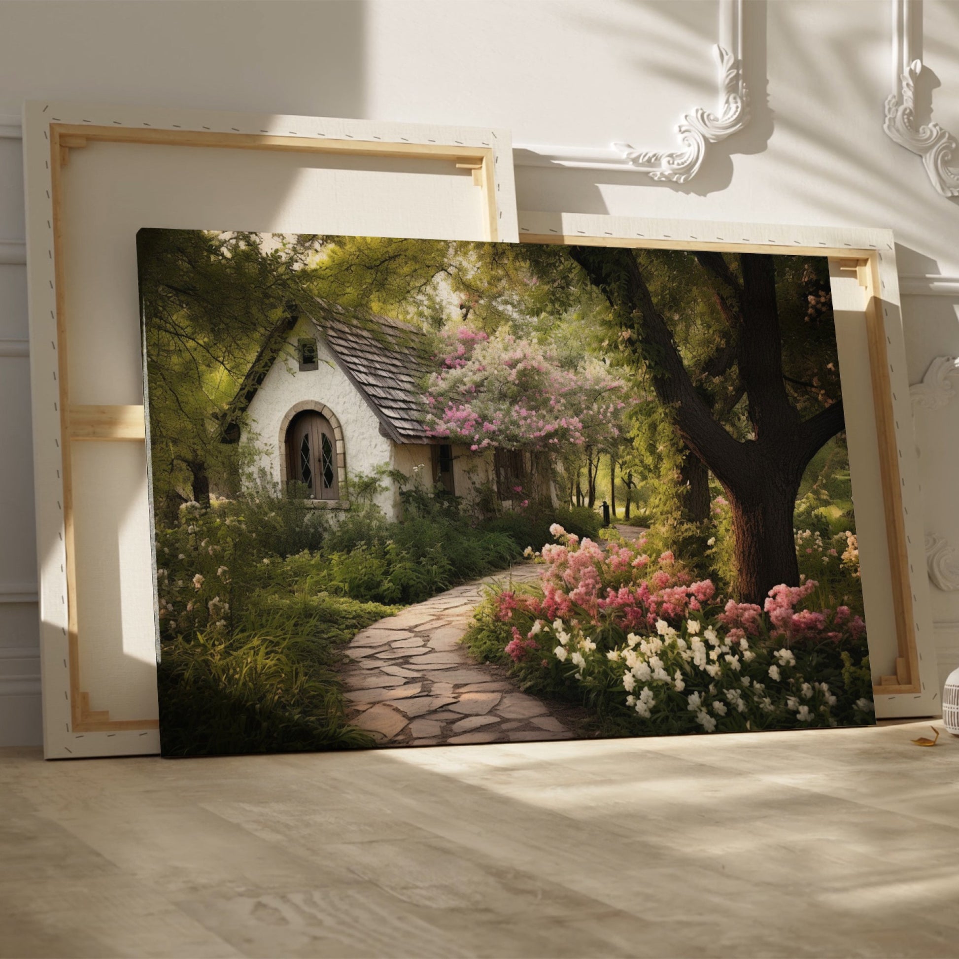 Framed canvas print of a picturesque cottage surrounded by blooming garden and shaded by trees