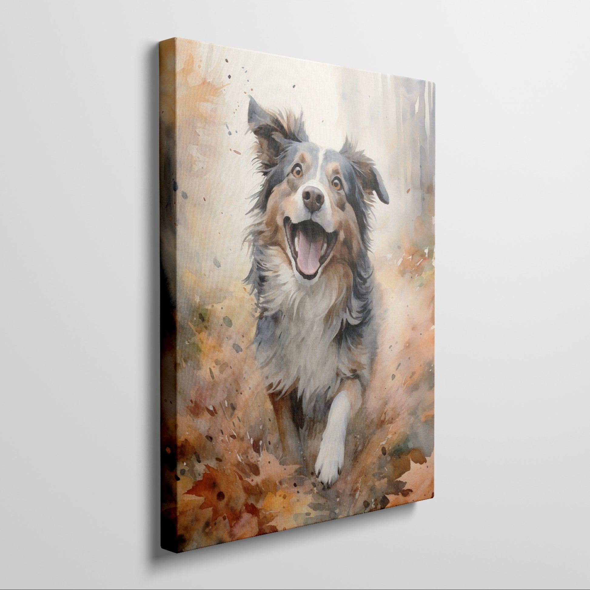 Framed canvas print of a joyful watercolour dog portrait with autumnal tones