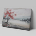 Framed canvas print of a serene landscape painting showcasing a vibrant red tree against a monochrome backdrop with flying birds