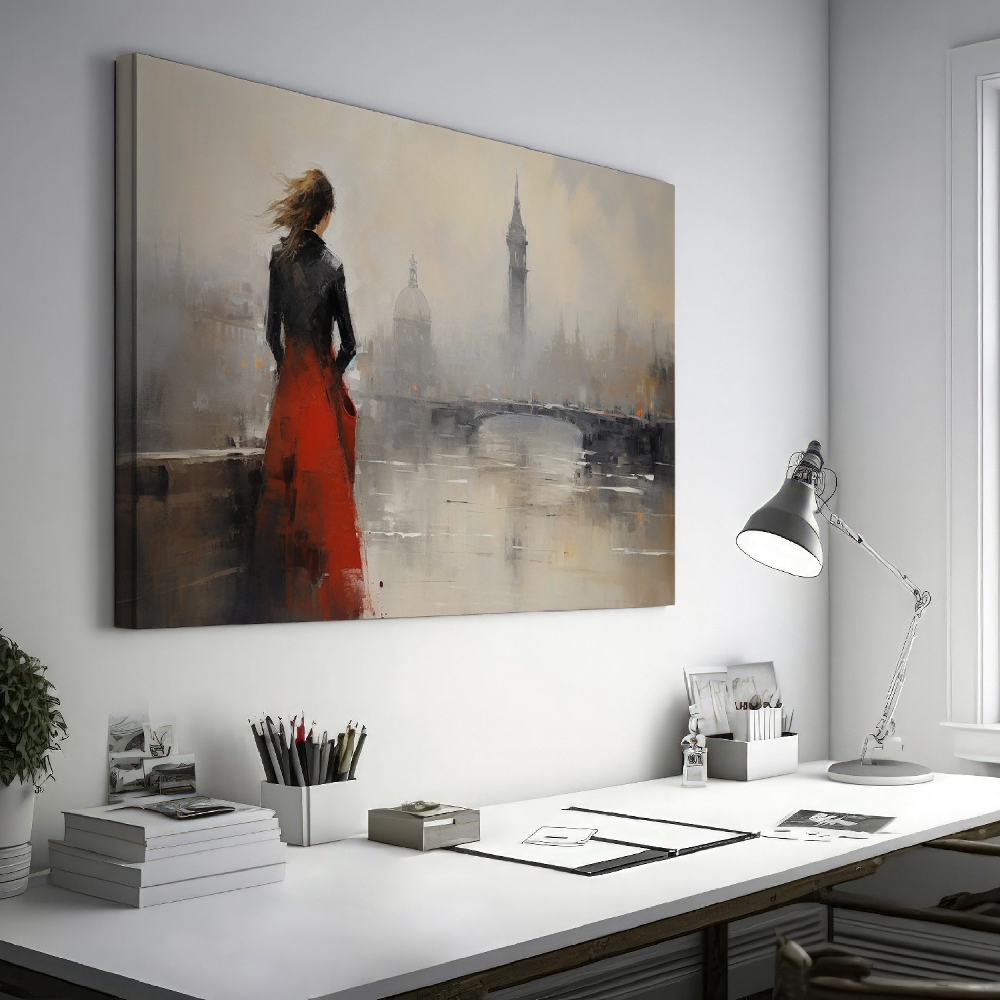 Framed canvas print of an elegant woman overlooking a misty cityscape with a red dress as a focal point