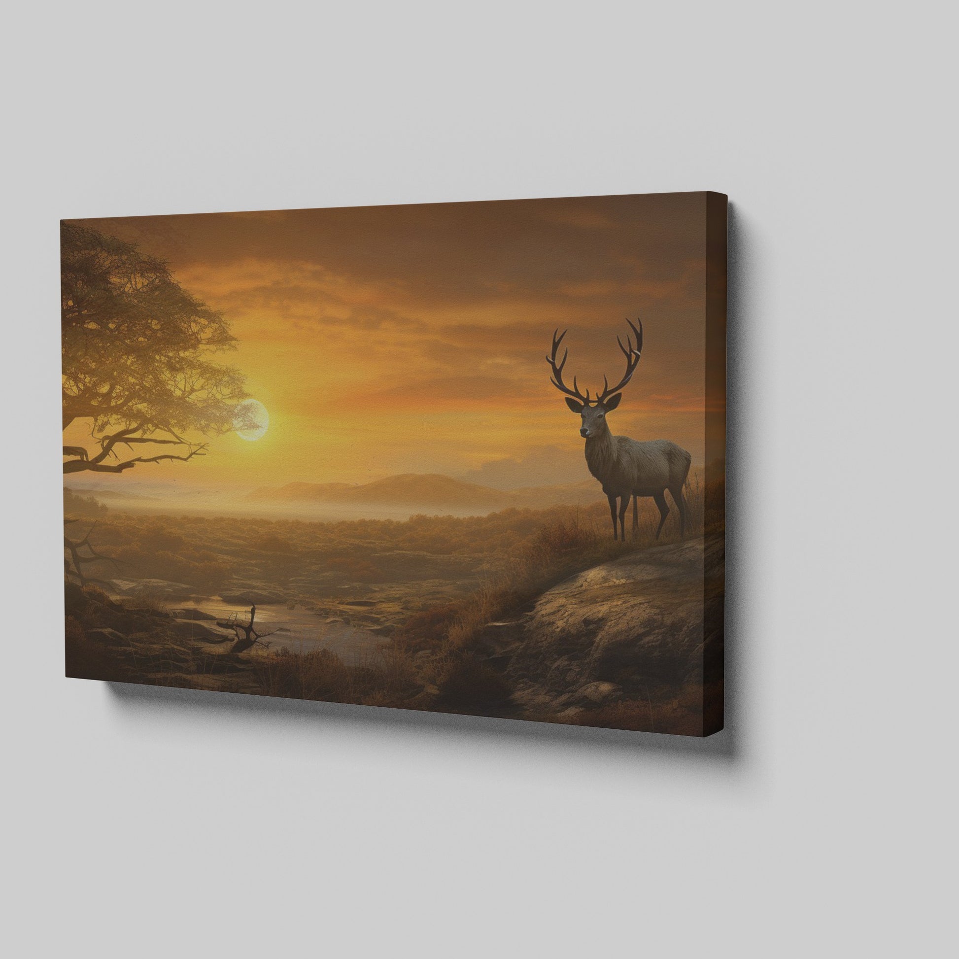 Framed canvas print of a majestic stag in a savanna sunset landscape with warm orange hues