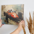 Framed canvas print of a vintage racing car in impressionistic style