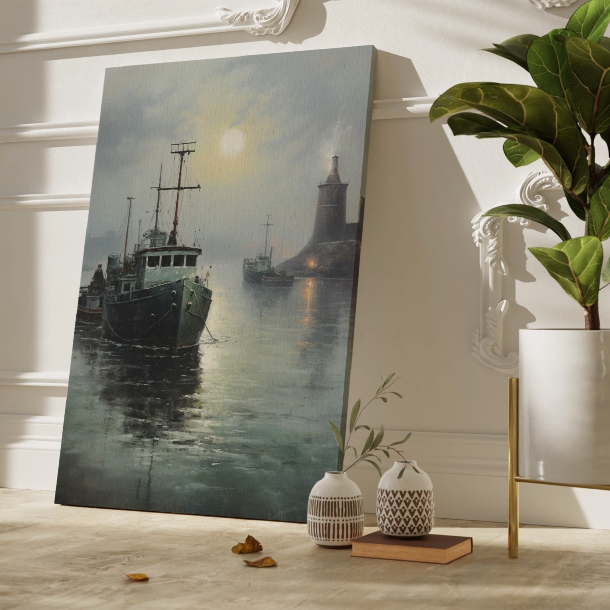 Framed canvas print of tranquil harbour scene with fishing boats and a lighthouse under a misty moonlit sky