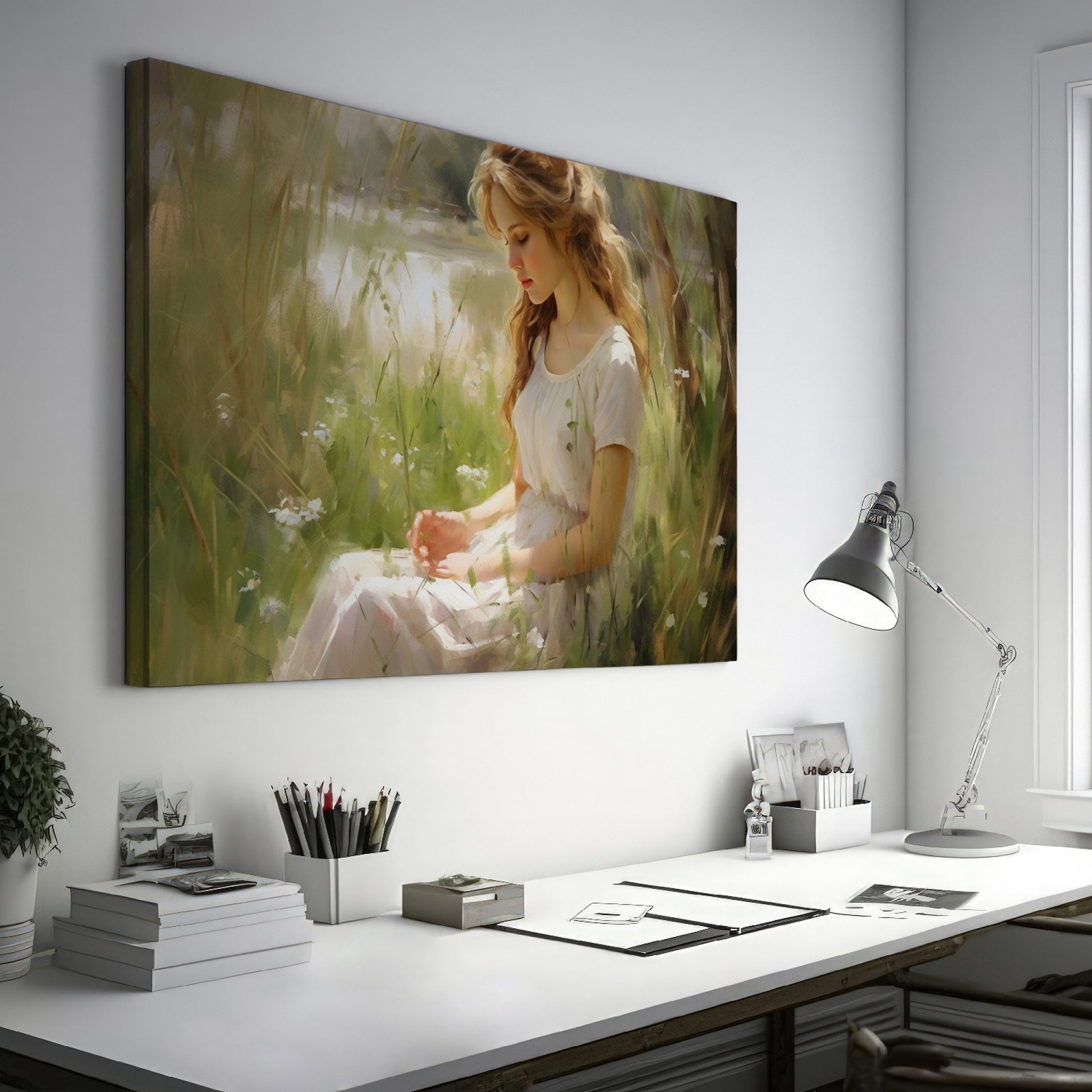 Framed canvas print of an elegant woman in a serene, sunlit meadow