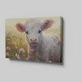 Framed canvas print of a realistic calf in a meadow with pink and yellow flowers