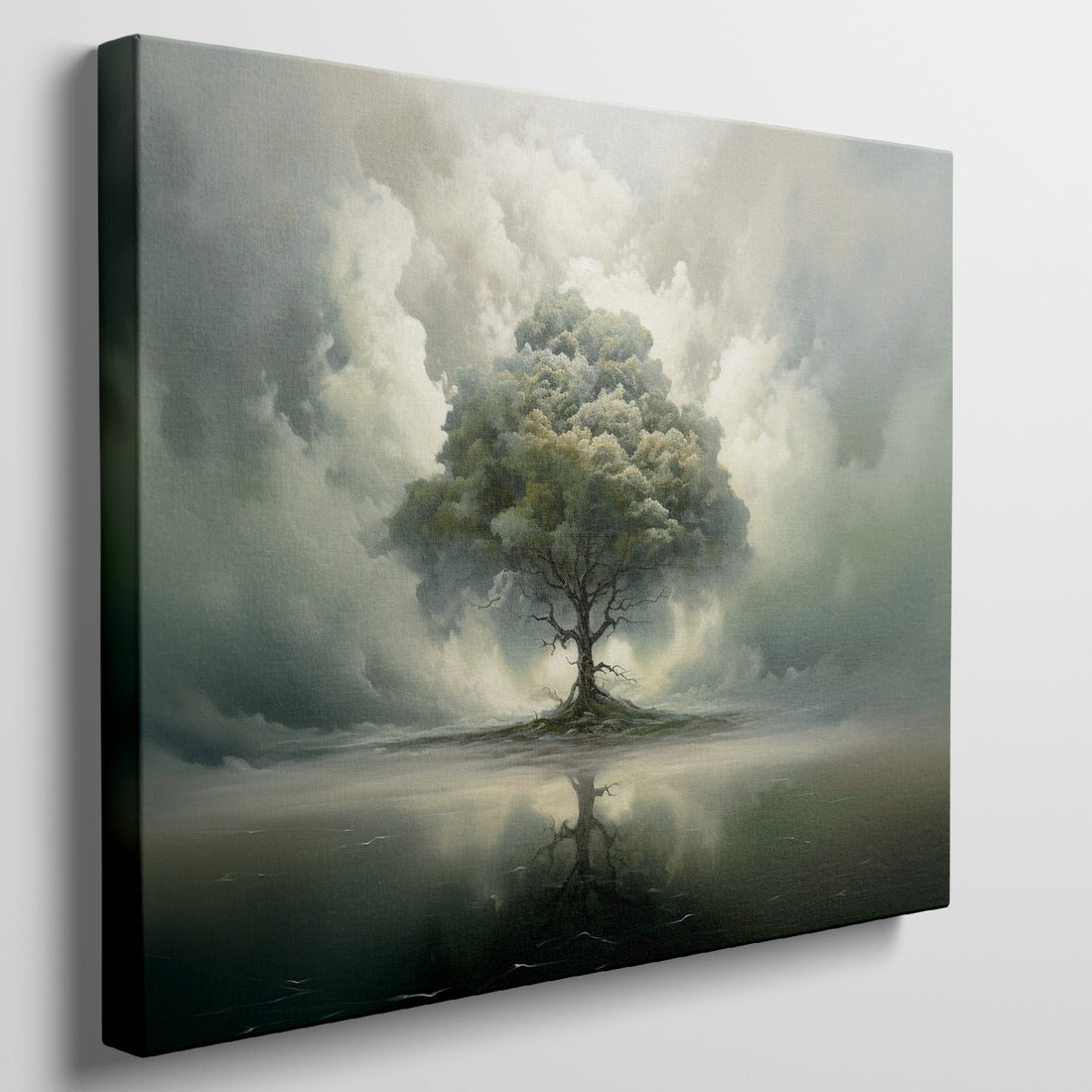 Framed canvas print of a serene landscape with a solitary tree and its reflection amidst ethereal clouds