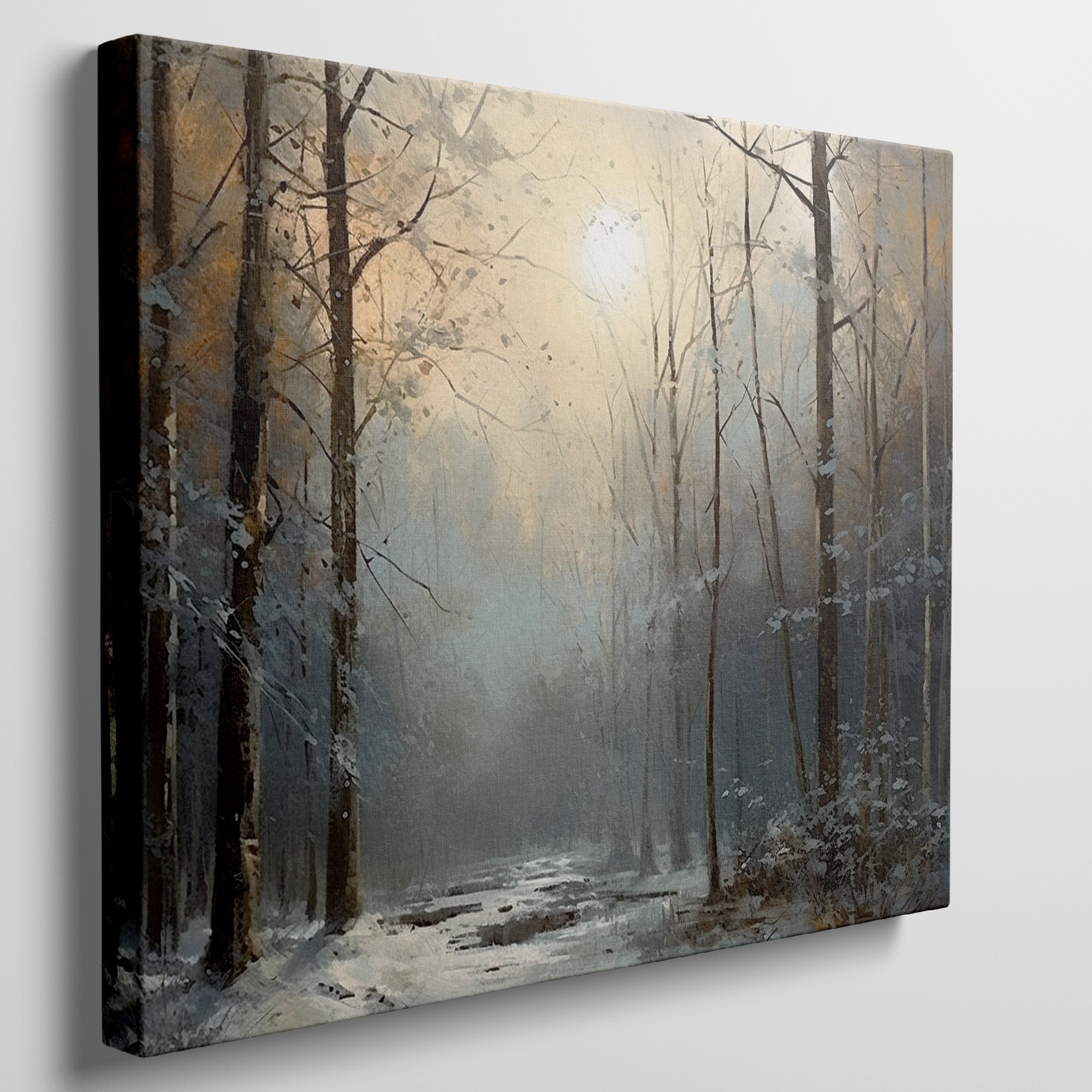 Framed canvas print of a tranquil snowy forest glade with soft dawn light filtering through the trees