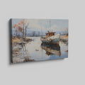 Framed canvas print of a tranquil landscape with a vintage boat moored on calm waters, reflecting autumnal trees