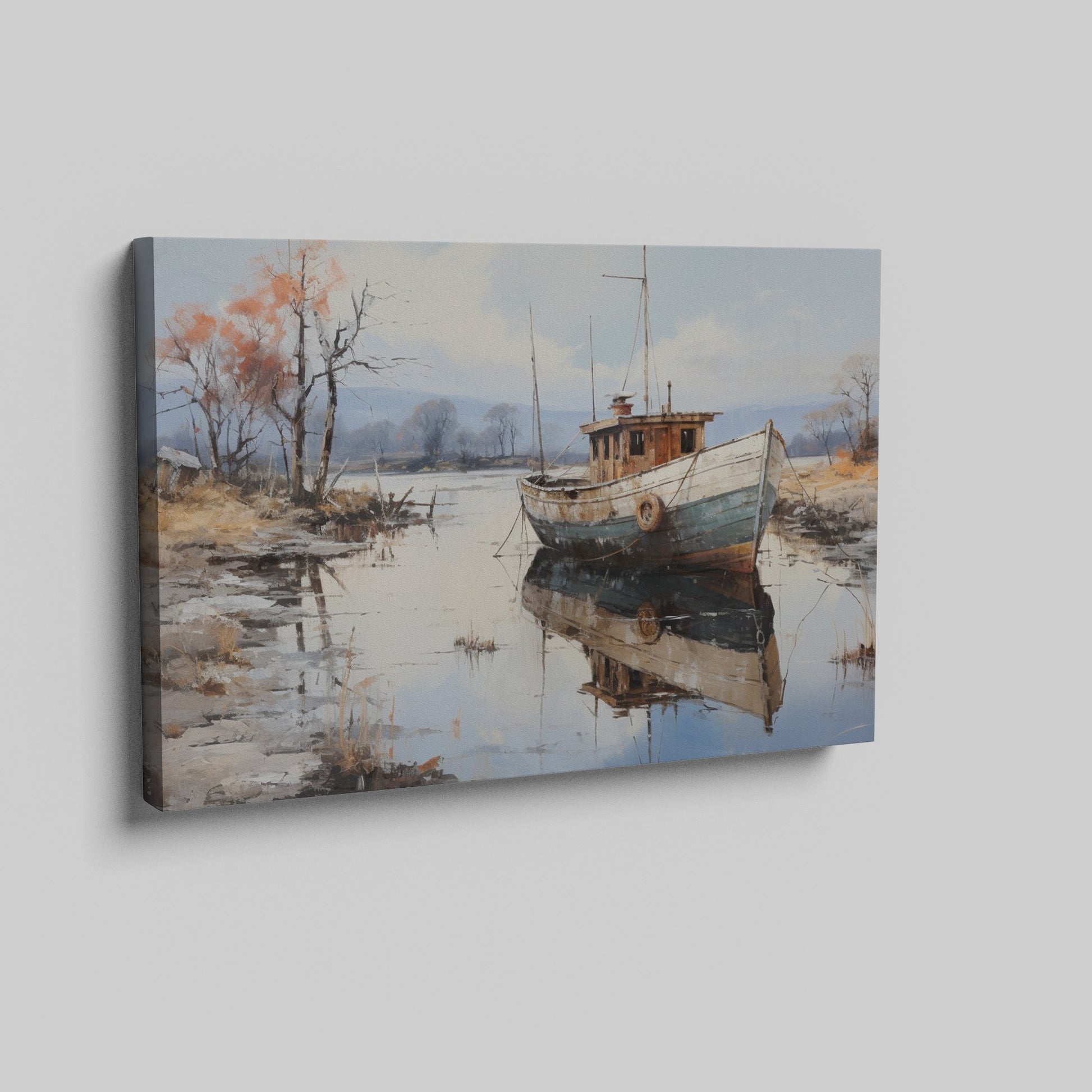 Framed canvas print of a tranquil landscape with a vintage boat moored on calm waters, reflecting autumnal trees