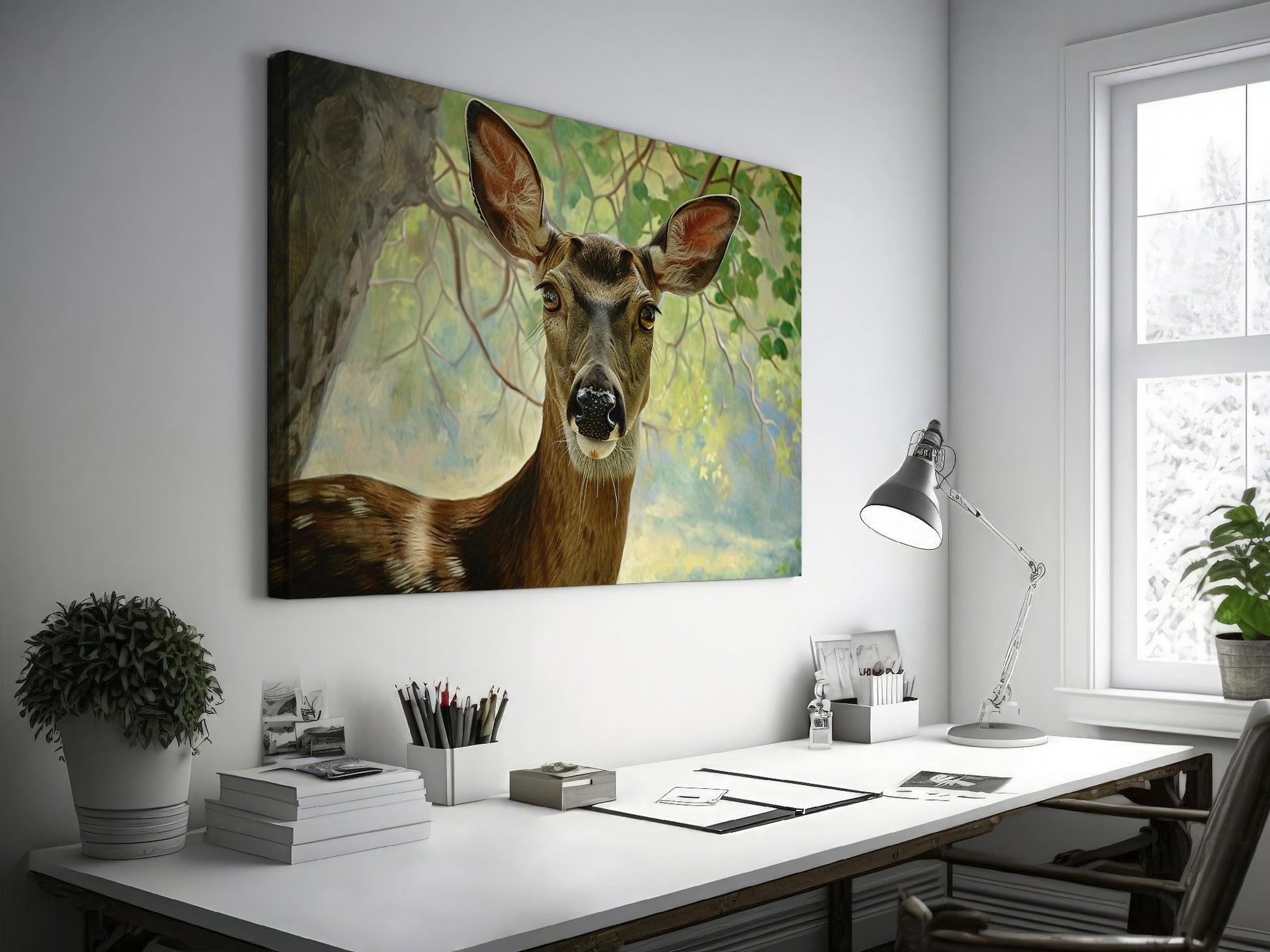 Framed canvas print of a detailed and serene deer portrait with a woodland backdrop in natural tones