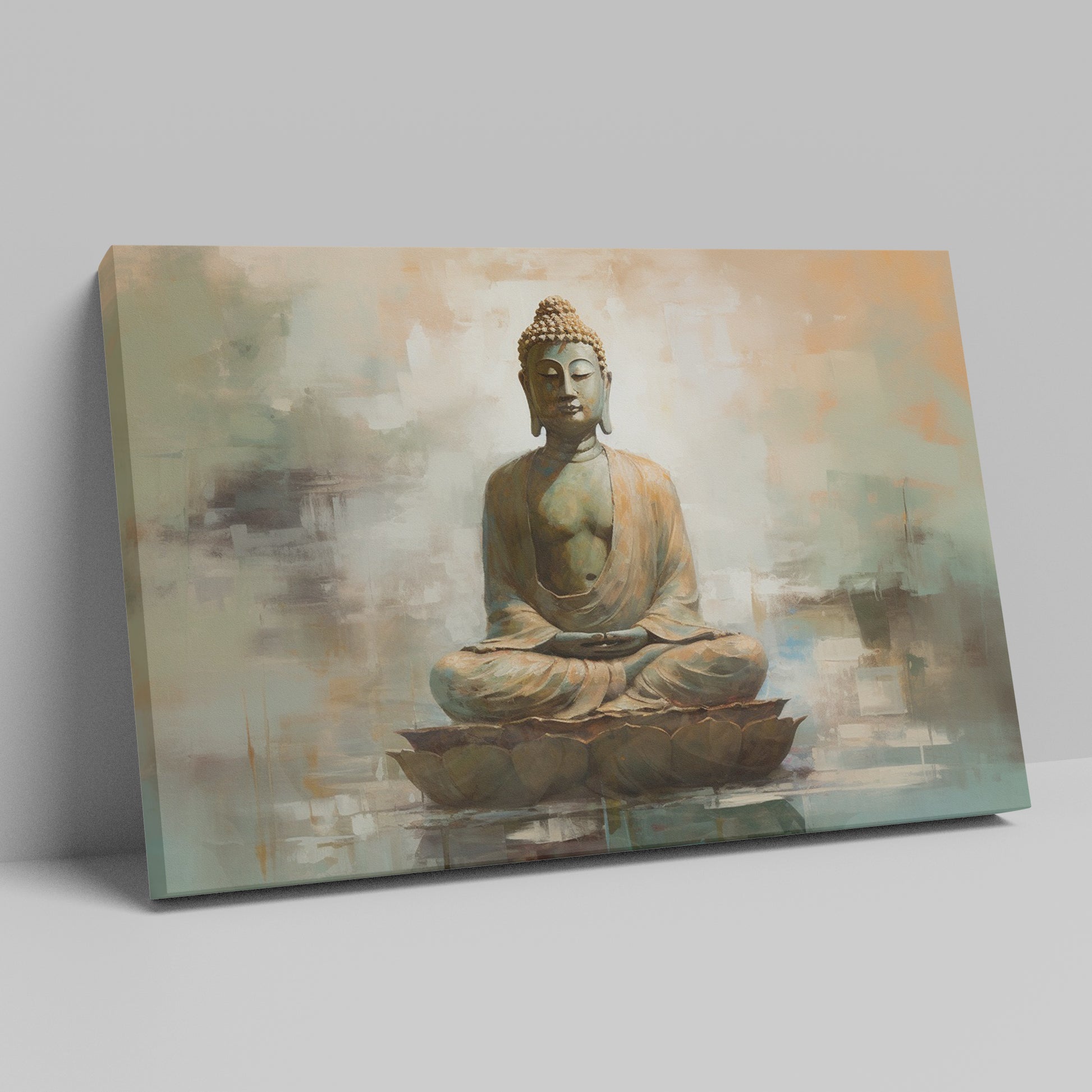 Framed canvas print of a serene Buddha on a lotus throne with an abstract background