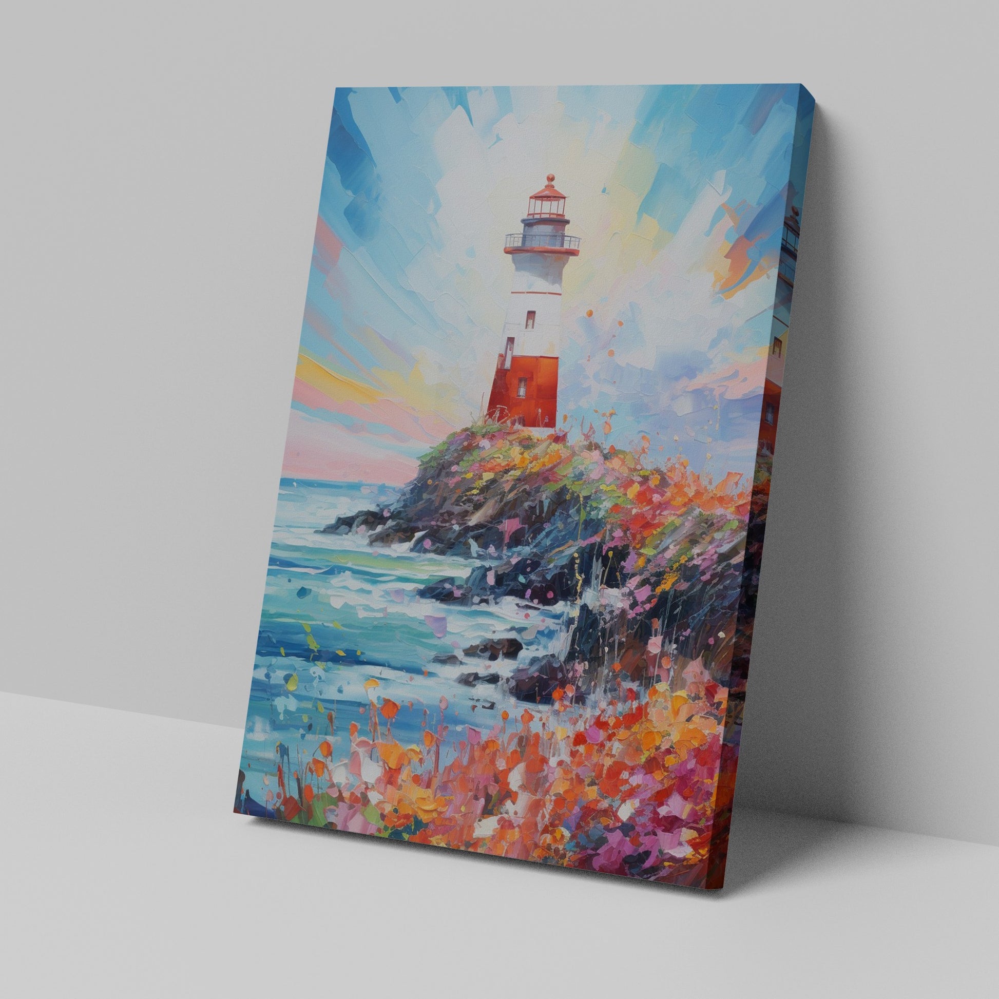 Framed canvas print of a vibrant impressionist seascape with a lighthouse at sunset