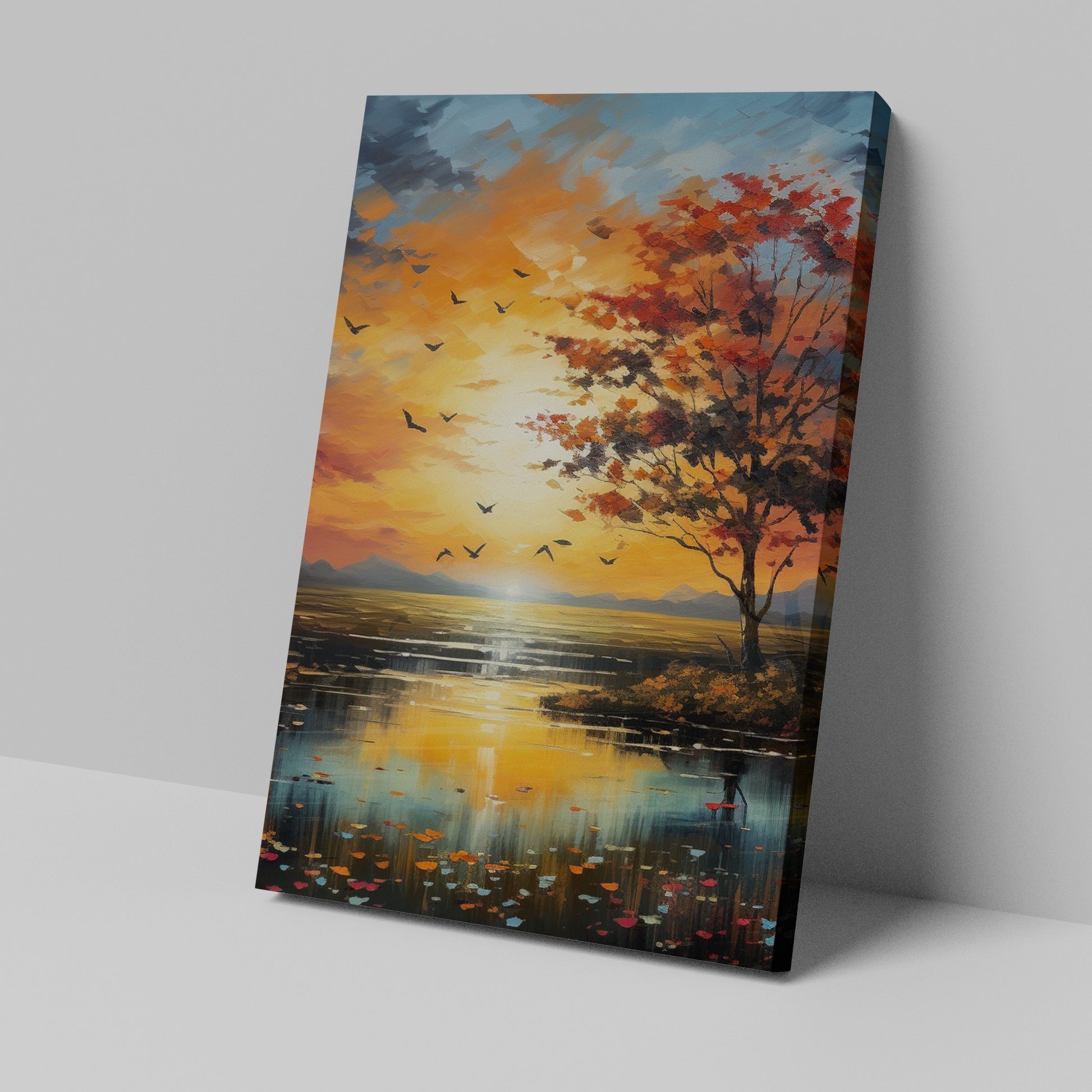 Framed canvas print of a picturesque autumnal sunset with vibrant orange sky and tree reflections on the water