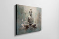 Framed canvas print of serene Buddha in meditation with pastel colours and cherry blossoms