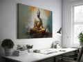 Framed canvas print of serene Buddha in meditation with abstract warm background