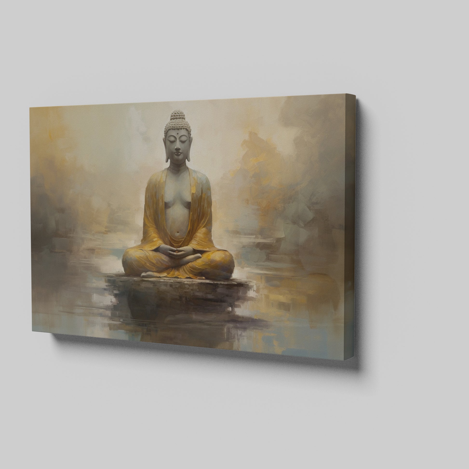 Framed canvas print of a serene Golden Buddha statue with abstract background