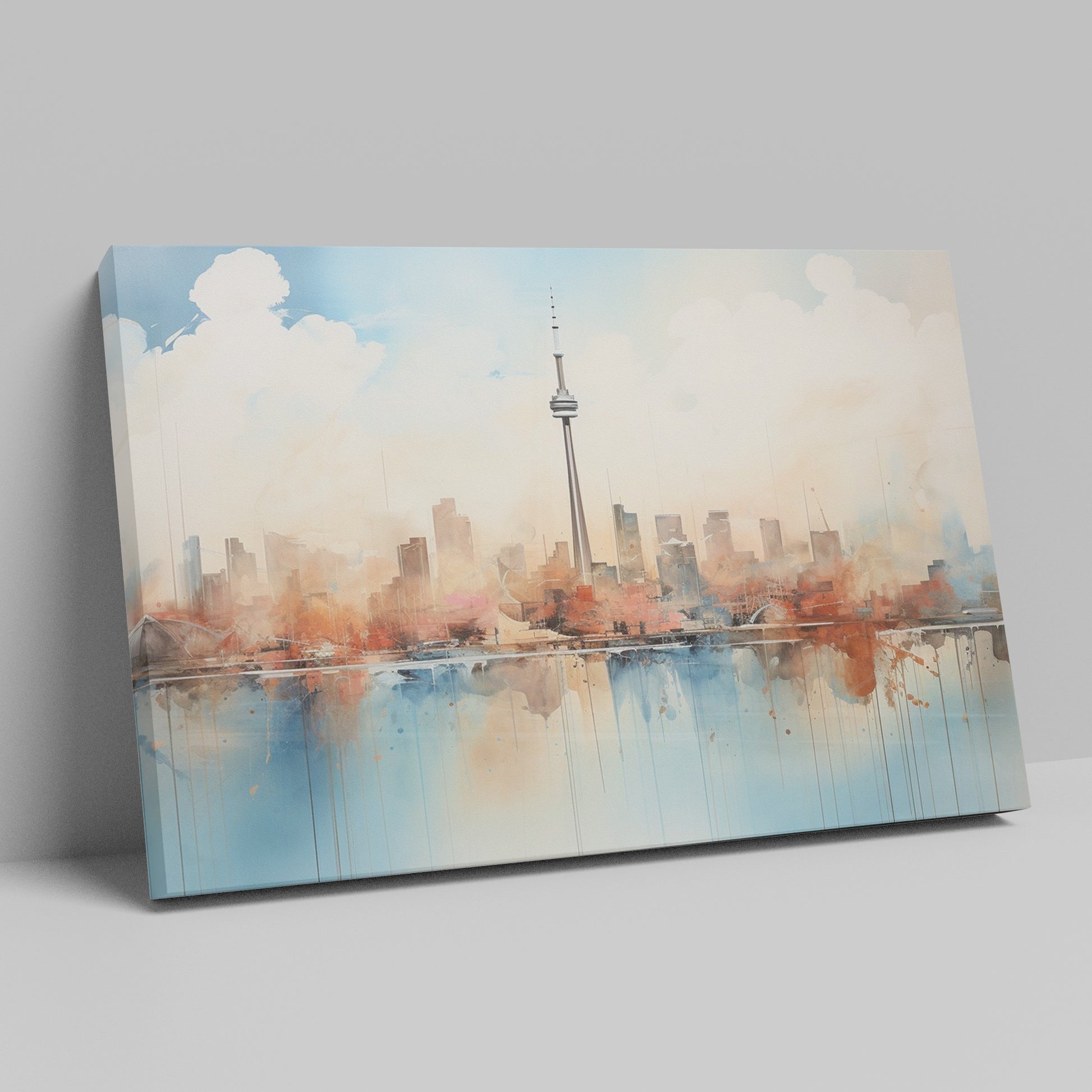 Framed canvas print of a soothing abstract cityscape with watercolour skyline and reflections