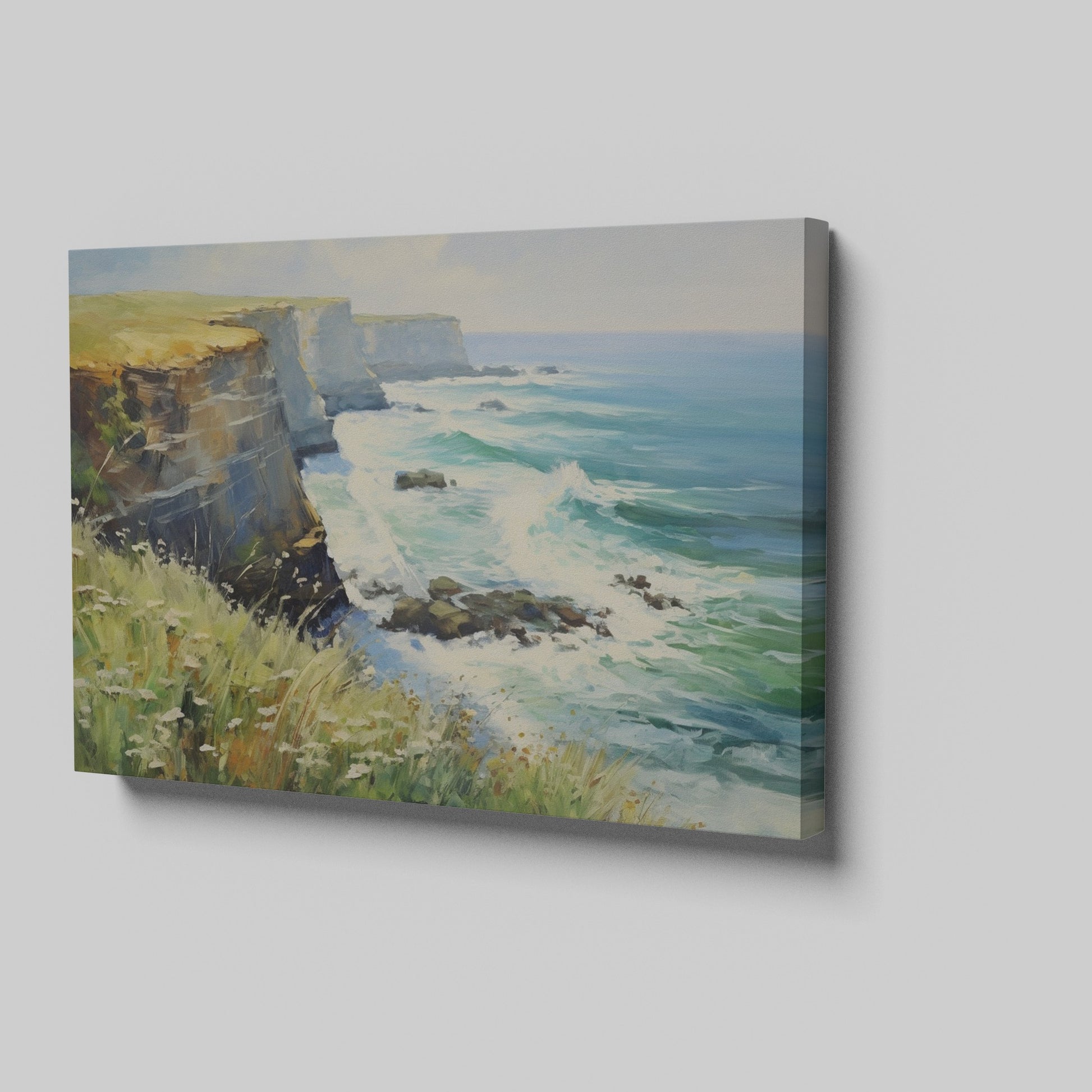 Framed canvas print of an impressionist seascape with cliffs and ocean