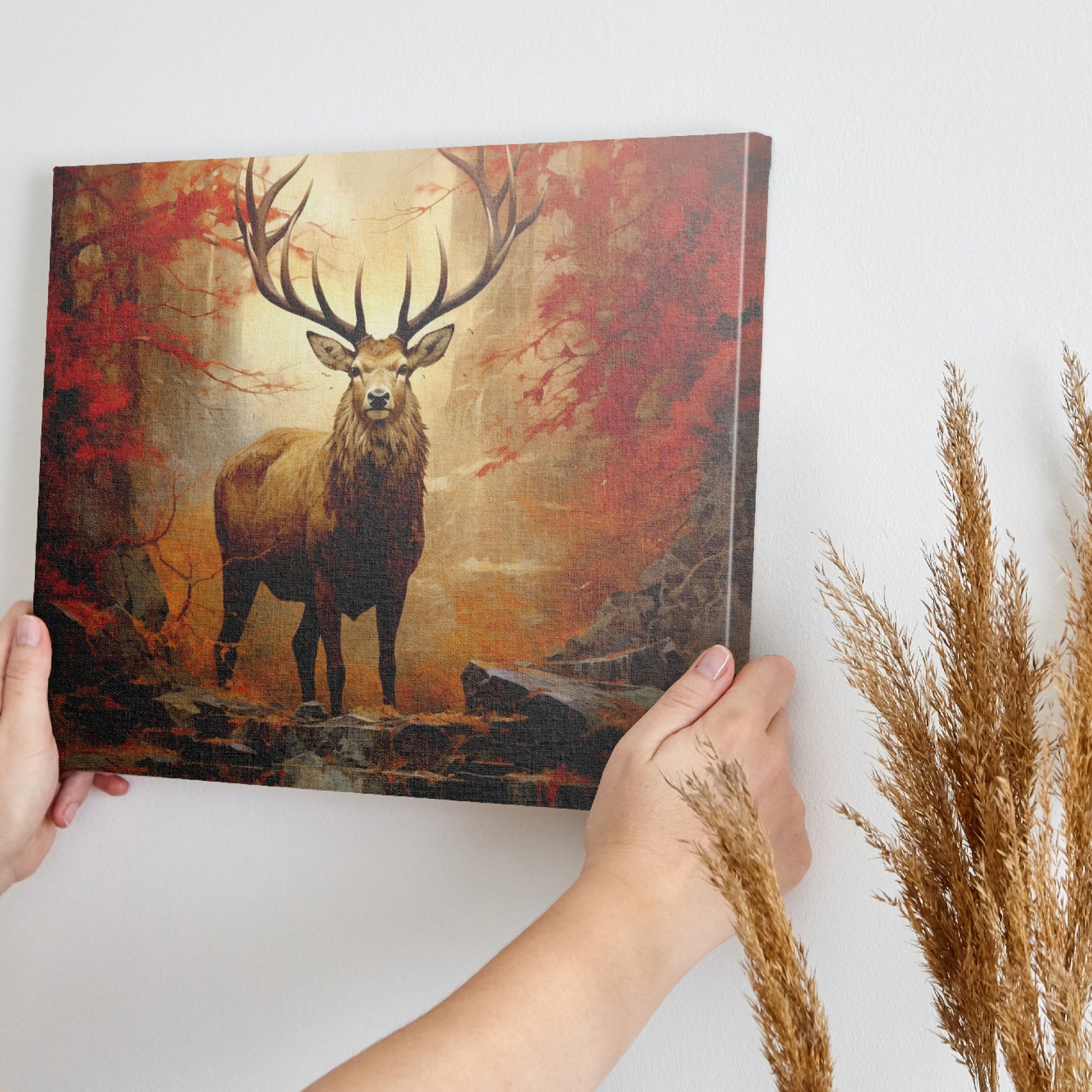 Framed canvas print of a majestic stag in an autumn forest with fiery red leaves