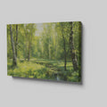 Framed canvas print of a lush forest scene with birch trees and a stream with sunlight filtering through green leaves