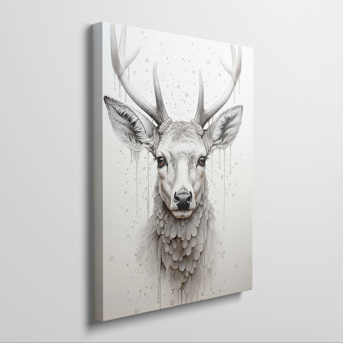 Framed canvas print of a monochrome stag with a unique dripping paint effect