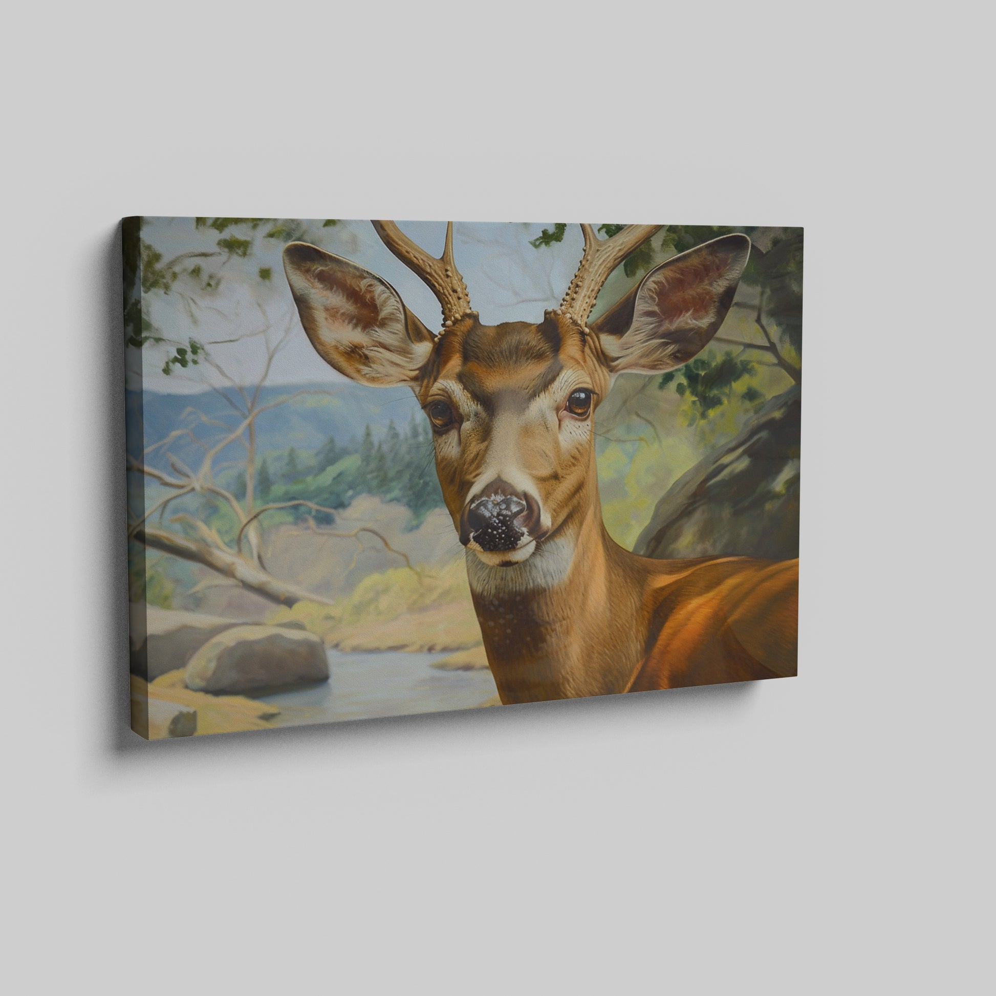 Framed canvas print of a realistic deer portrait with an endearing expression set against a detailed forest landscape