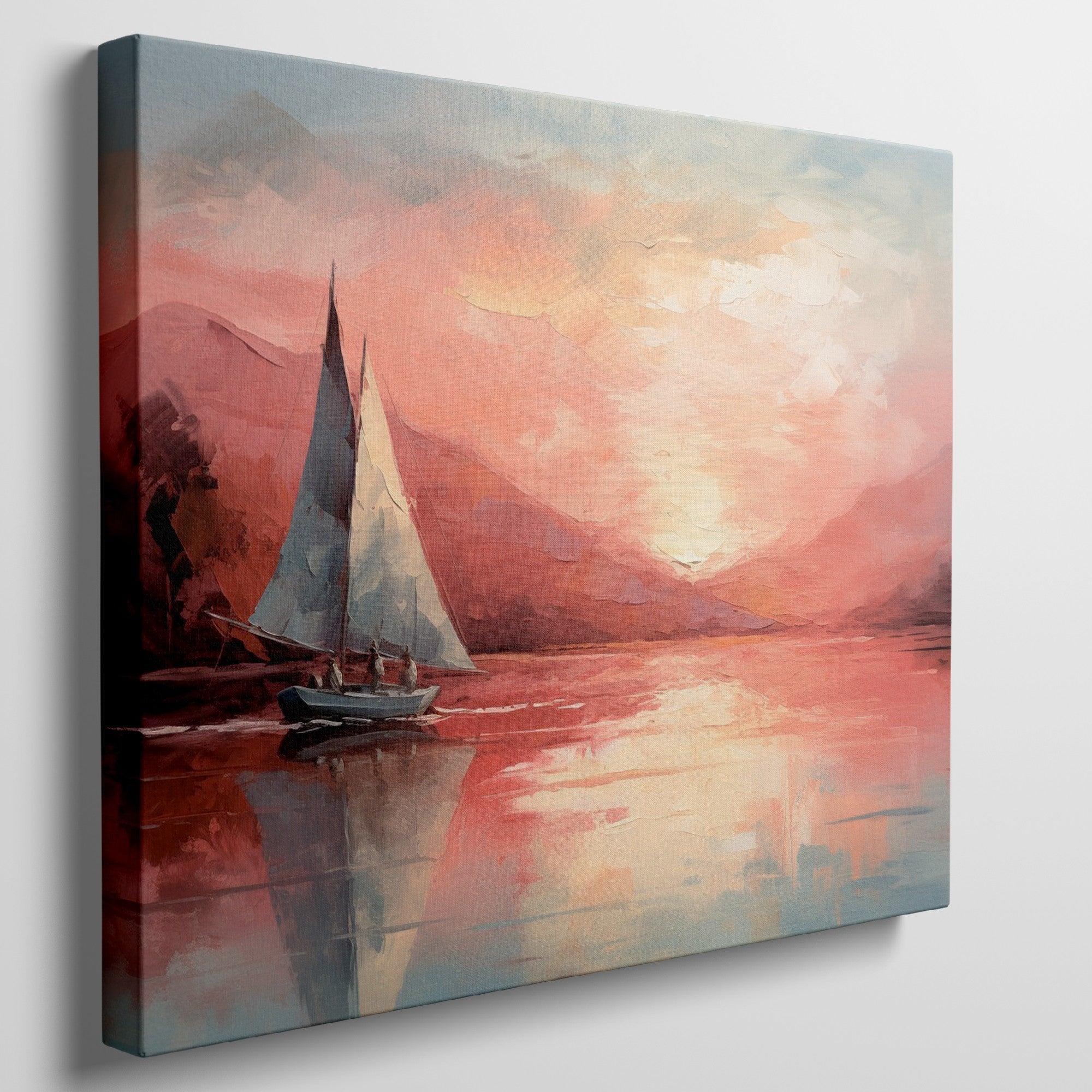 Framed canvas print of sailboats at sunset with orange and blue tones