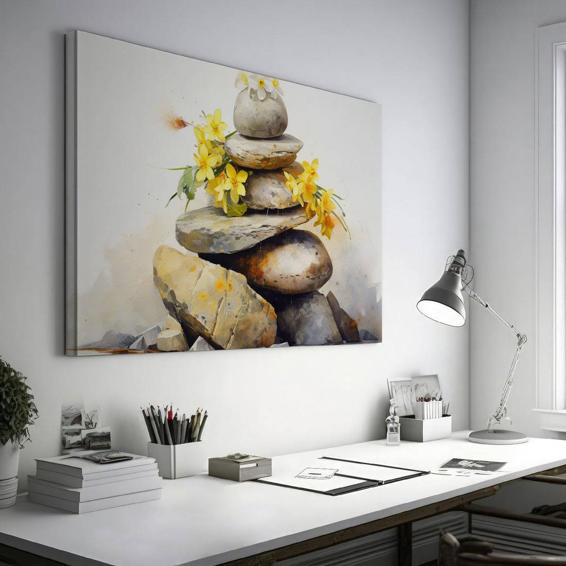 Framed canvas print of Zen rocks stacked with yellow flowers in watercolour