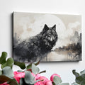 Framed canvas print of a black and white wolf against a monochrome cityscape with a full moon